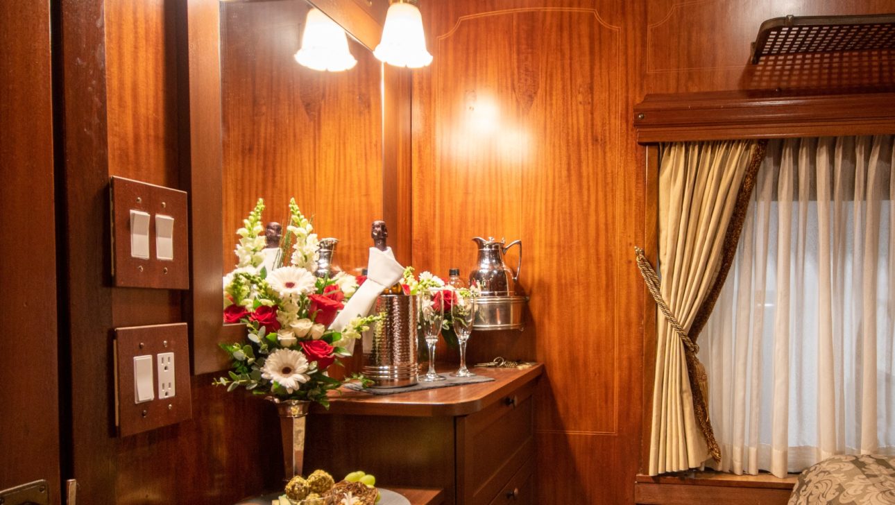 A dresser in a train car.