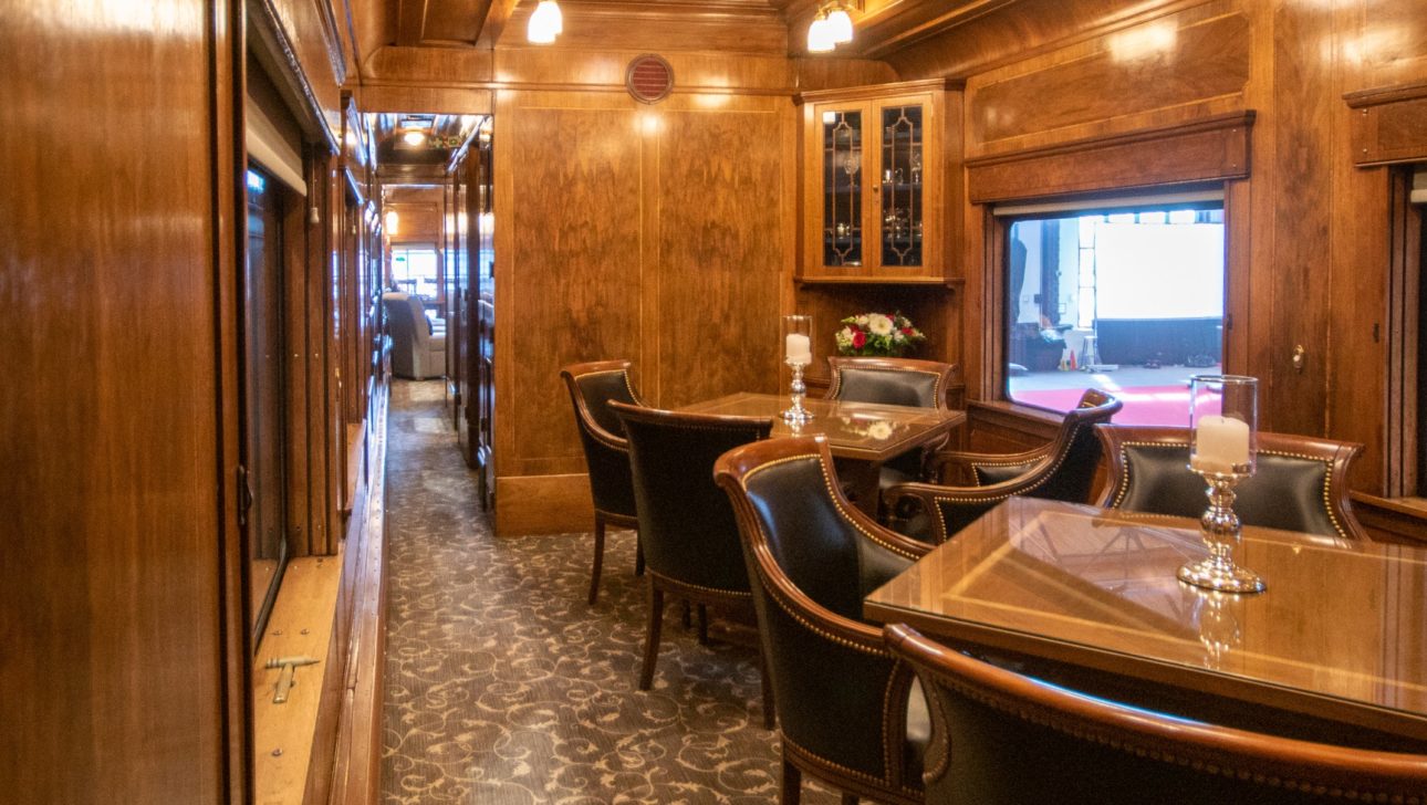 A dining area inside a train.