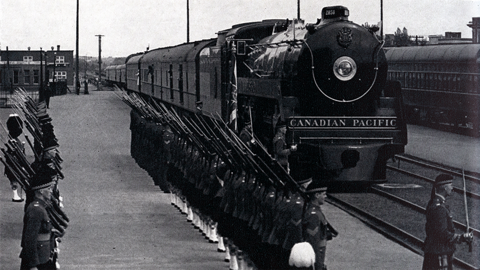 A black and white photo of a Canadian Pacific train.