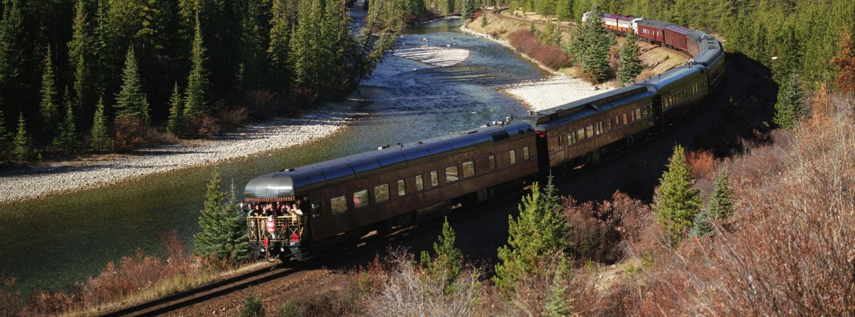 A train moving alongside a river and a forest.